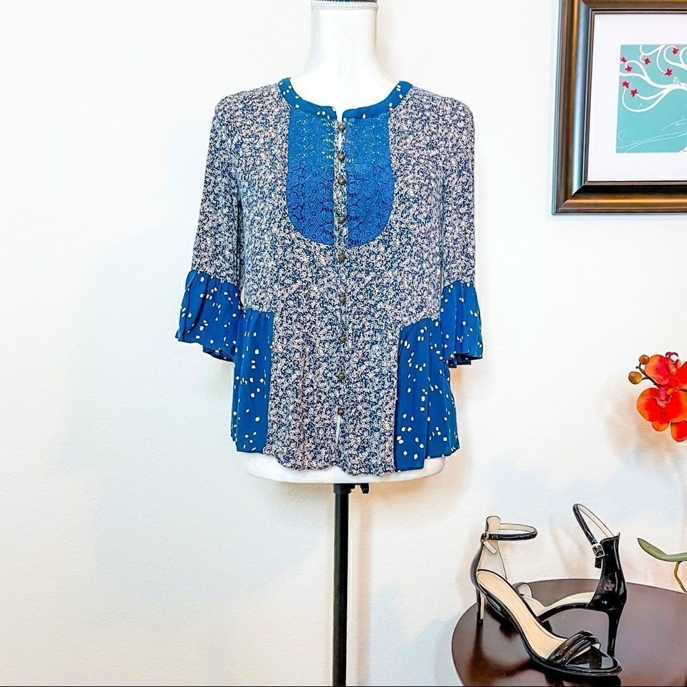 🍋 Maeve | Anthropologie • Flowered Boho Style 3/4 Sleeve Top